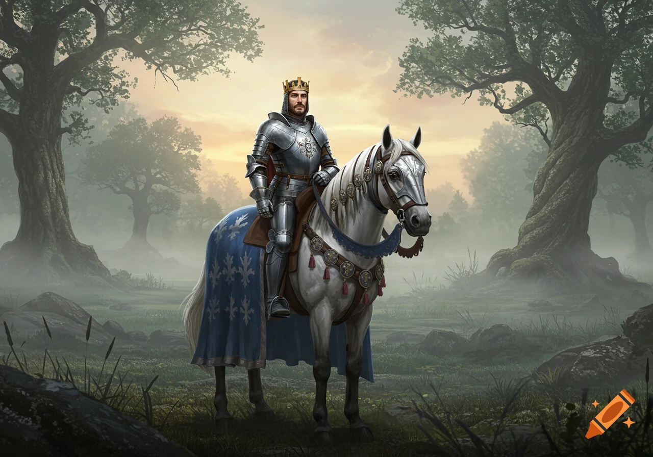 A king in shining armor rides a white horse through a misty forest.