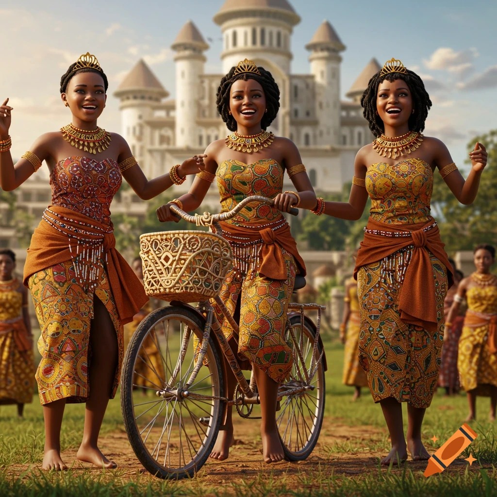 Three smiling African princesses in intricate traditional attire with golden accessories, one with a bicycle, in front of a grand palace.