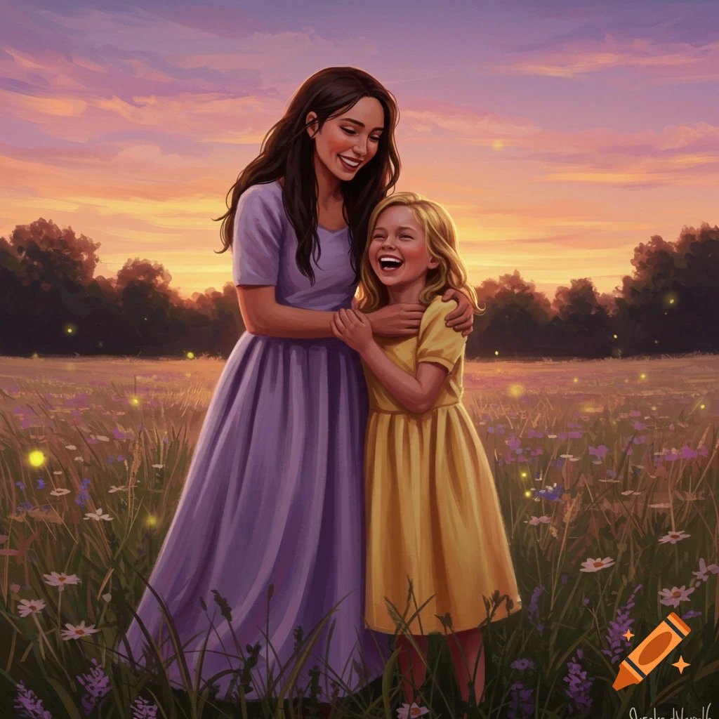 Two smiling women embrace in a field of wildflowers with fireflies at sunset, rendered in a painterly style.