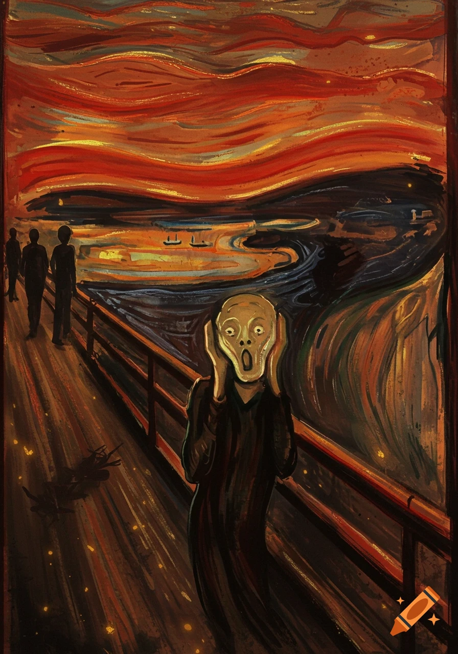 A modern, painterly version of Edvard Munch's 'The Scream' with a screaming figure on a bridge under a dramatic red and orange sky.