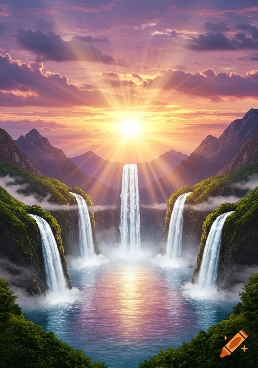 Vibrant landscape with multiple cascading waterfalls, lush green mountains, and a glowing sunset reflecting on a serene lake.