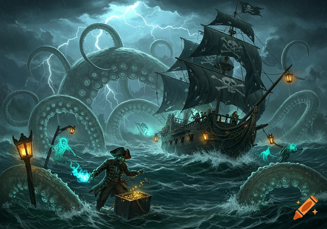 An epic digital painting shows a pirate ship battling a giant Kraken in a stormy sea with lightning. Skeletal pirates and glowing ghosts are on the ship and in the water, and a skeleton pirate with a treasure chest in the foreground.