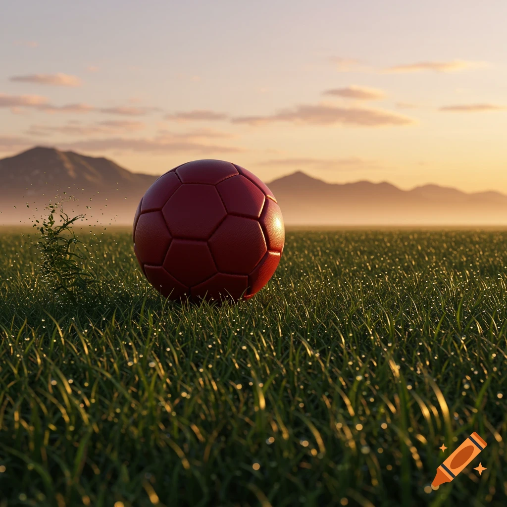 Photorealistic render of a red soccer ball in a dew-covered grassy field at sunrise, with mountains in the background.