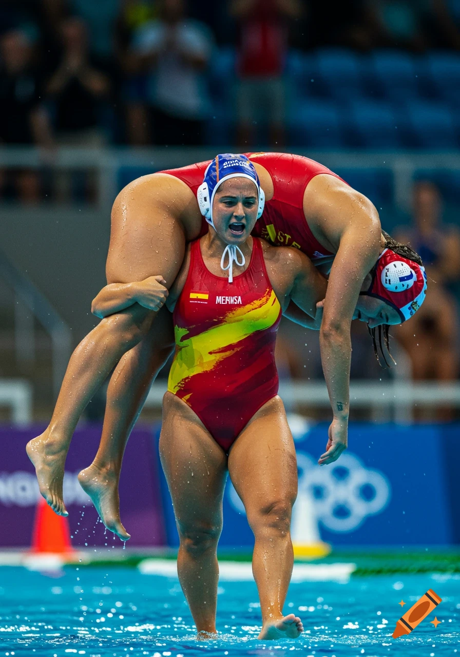 A female water polo player in a red swimsuit with a Spanish flag is carrying a teammate on her shoulders in a pool, both wearing caps.