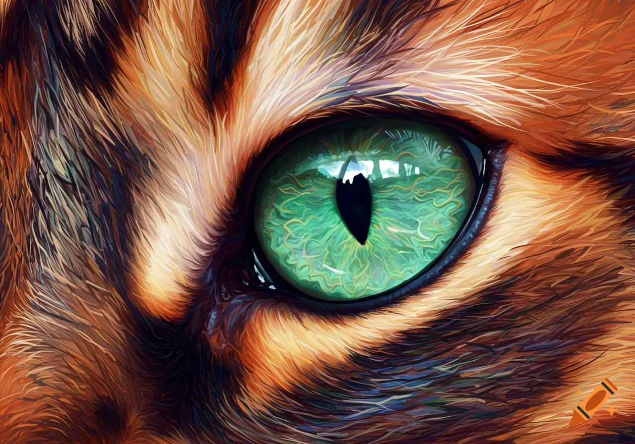 Close-up digital painting of a vibrant green cat's eye with a black slit pupil, surrounded by striped orange and brown fur.