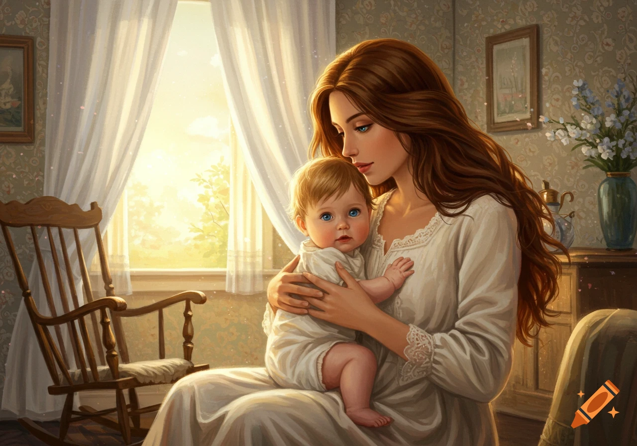 A mother with long brown hair holds her baby in a sunlit room, a rocking chair and window in the background.