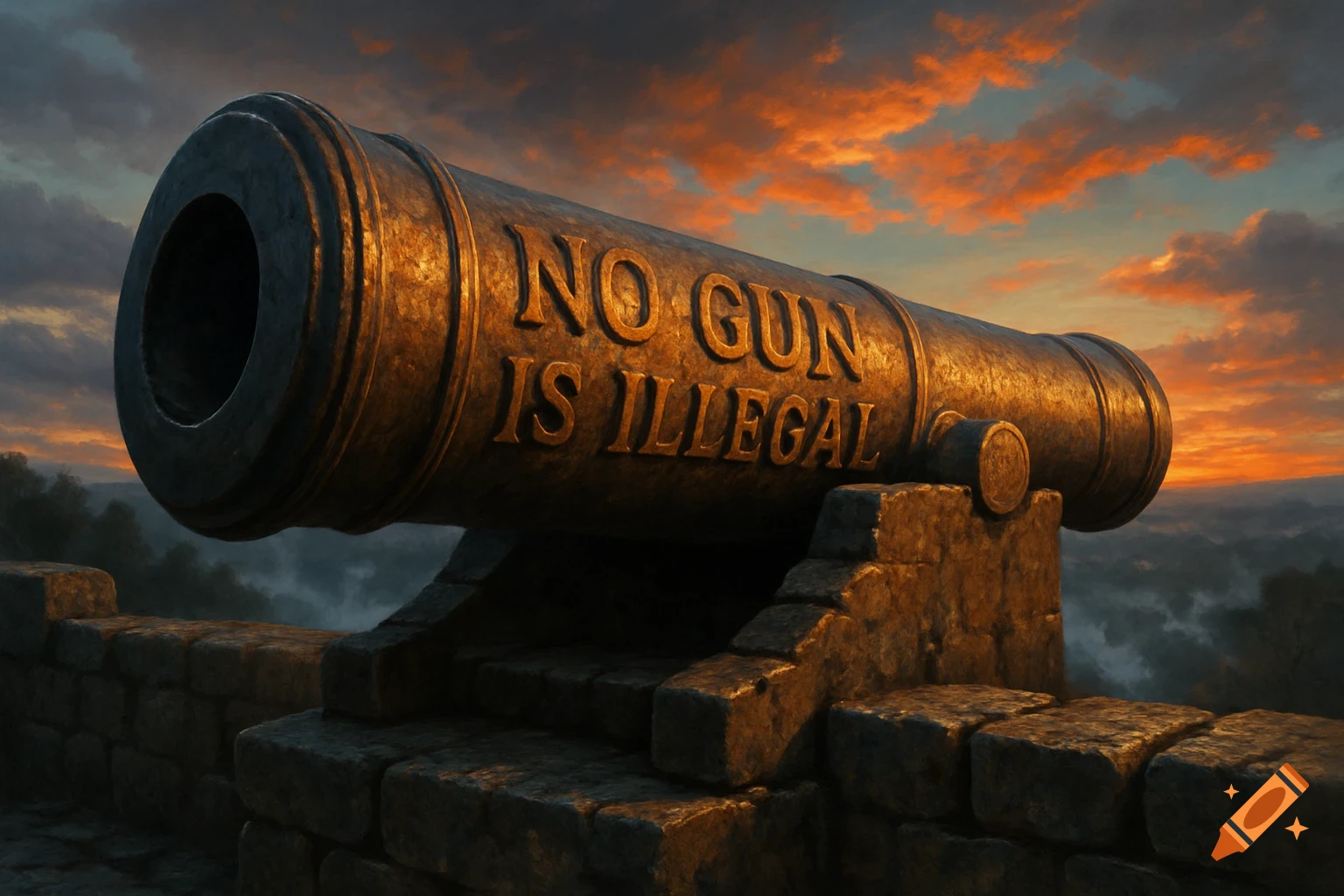 A large cannon with 'NO GUN IS ILLEGAL' engraved, sitting on a stone wall against a dramatic sunset sky.