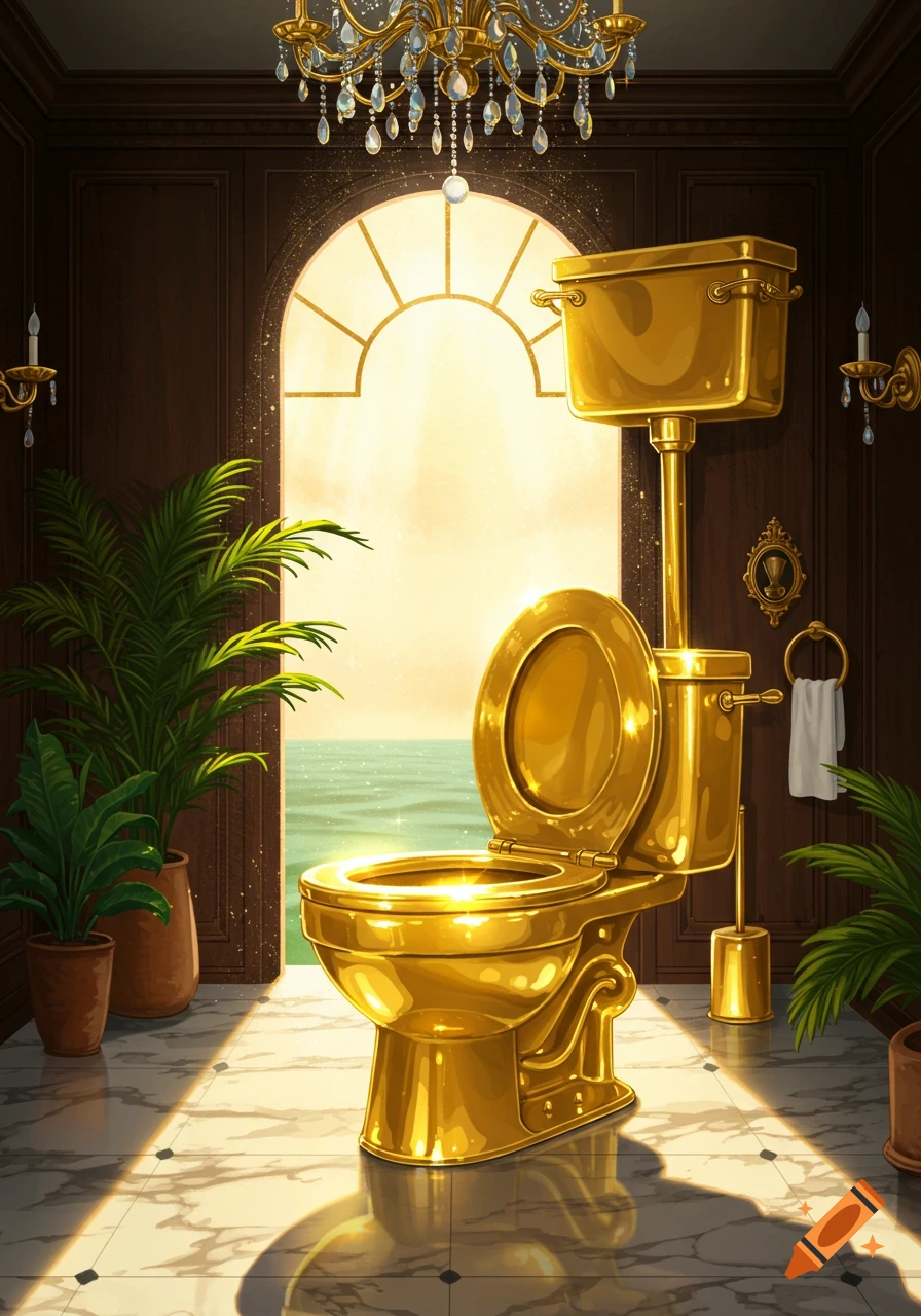 A shiny golden toilet in a luxurious, ornate bathroom with marble floors, potted plants, and an arched window looking out at the ocean under a golden chandelier.