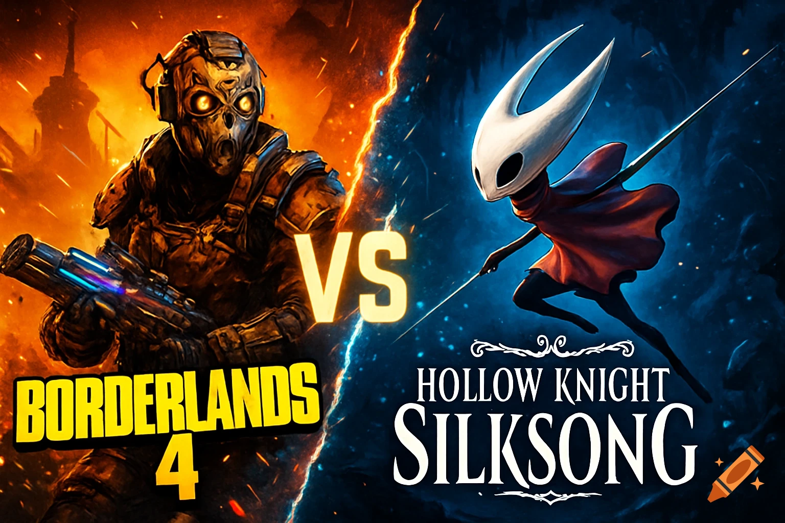 A split image showing a Borderlands character holding a gun on the left against a fiery background, and Hornet from Hollow Knight on the right against a dark blue background, with 'VS' in the center.