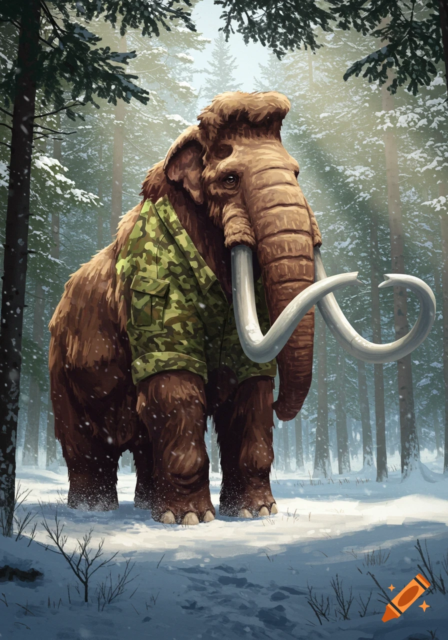A woolly mammoth wearing a camouflage jacket stands in a snowy forest with tall evergreen trees.