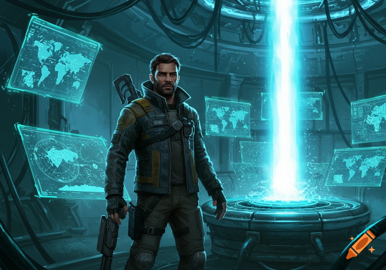 A man in a futuristic jacket stands in a glowing sci-fi lab surrounded by holographic world maps and a bright energy beam.