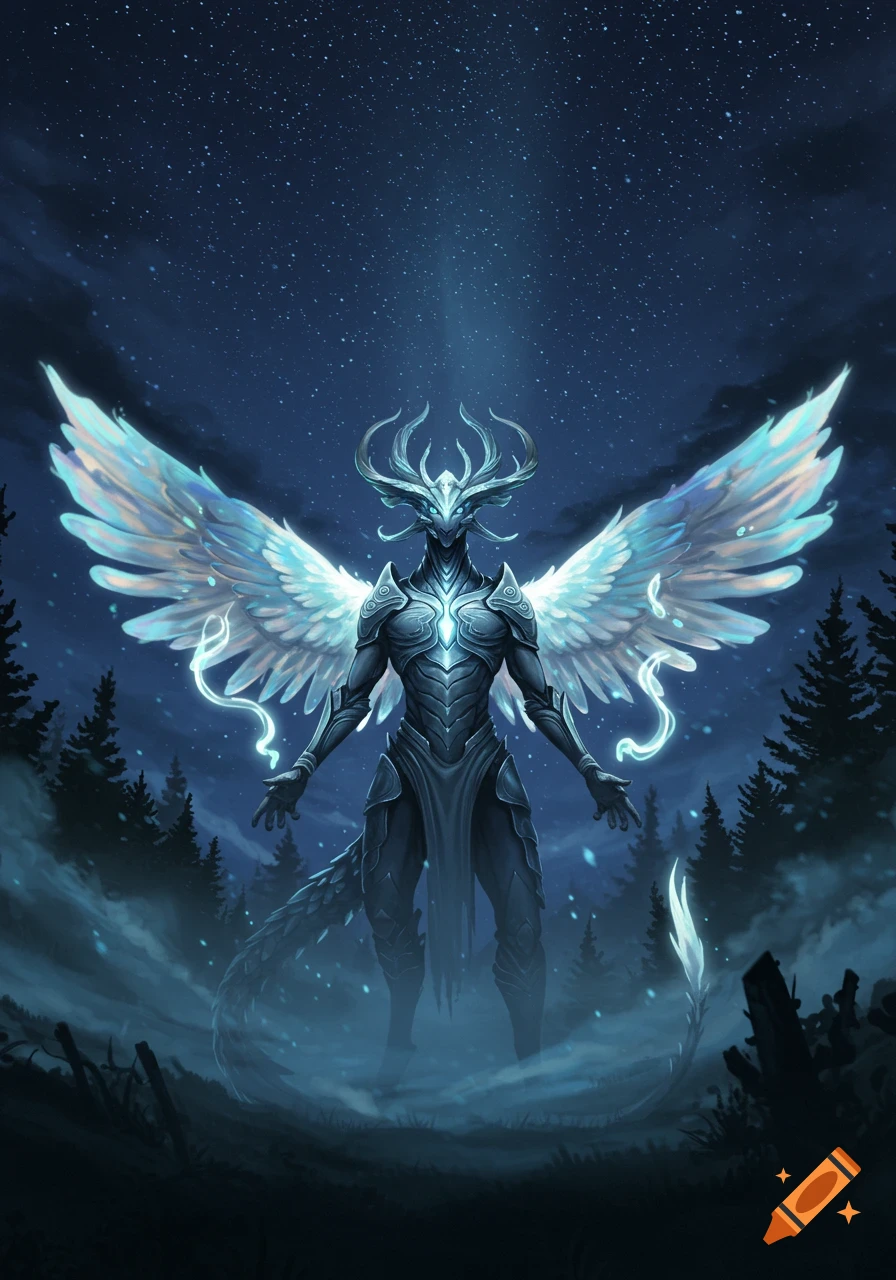 A majestic winged, armored fantasy creature with antlers stands in a mystical forest at night under a starry sky.
