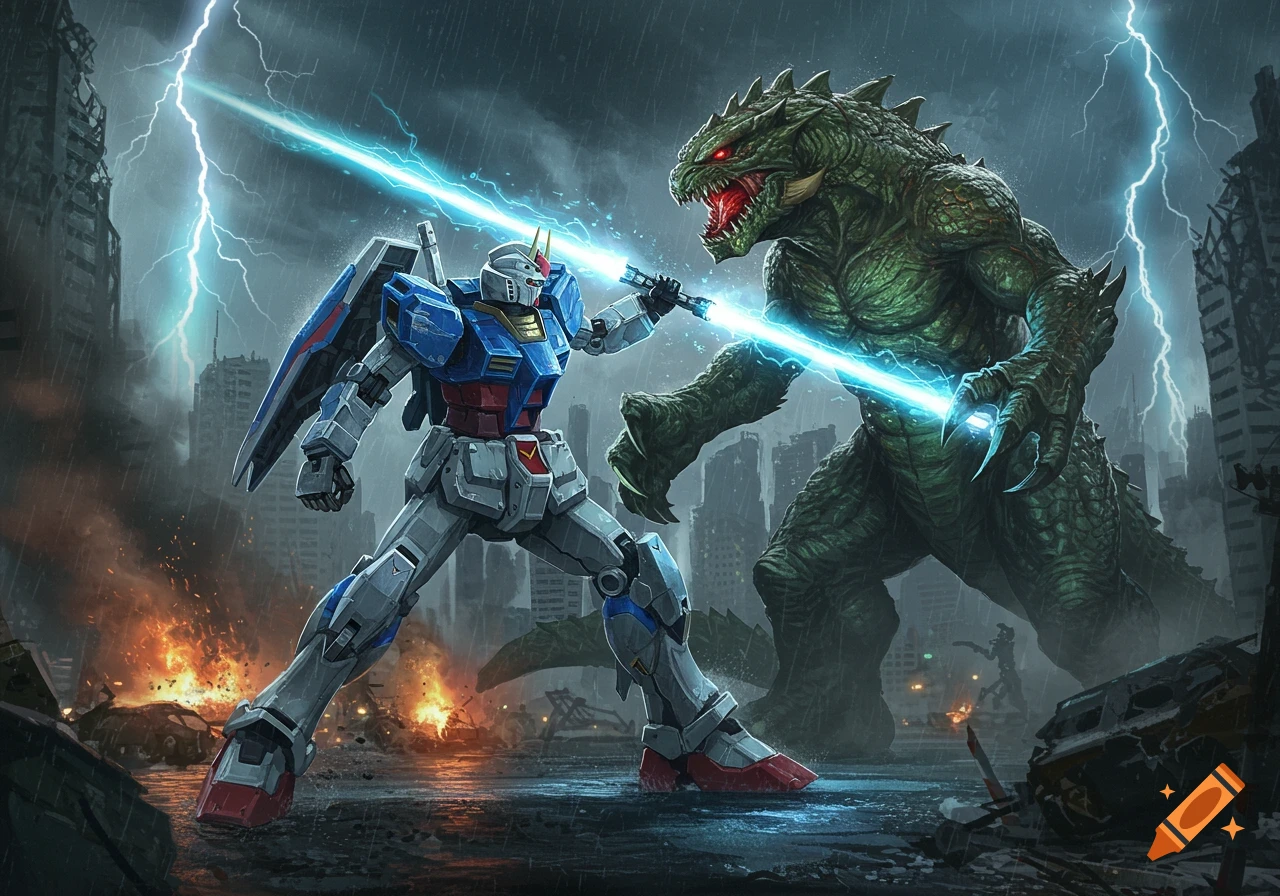 A blue and white Gundam robot fights a green, scaly kaiju monster with glowing claws amidst a destroyed city, rain, and lightning.