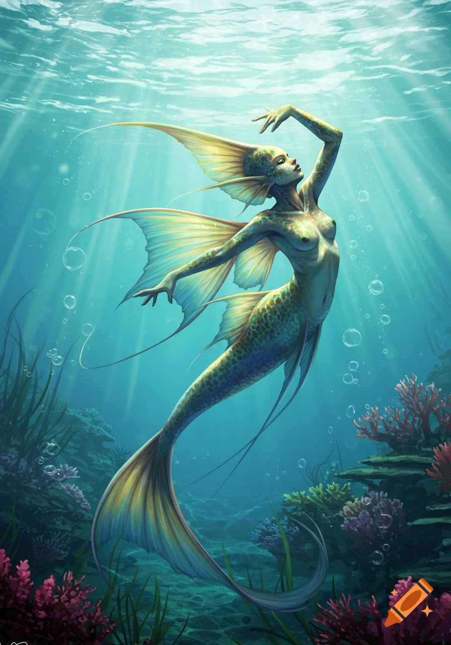A graceful mermaid with greenish-gold scales and translucent fins swims underwater amidst sunbeams and coral reefs.