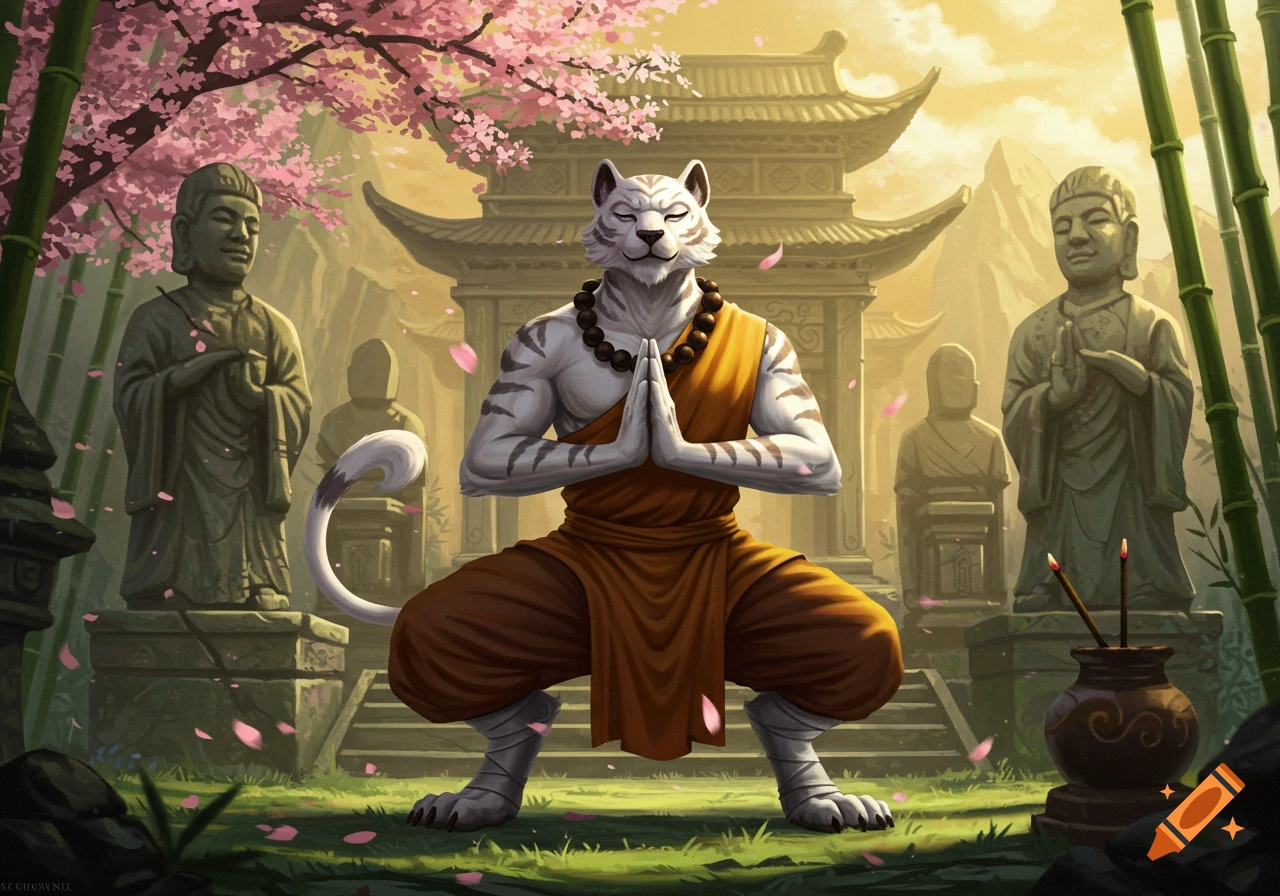 A white tiger-like monk meditating in orange robes amidst cherry blossoms, bamboo, and statues in a vibrant fantasy temple setting.