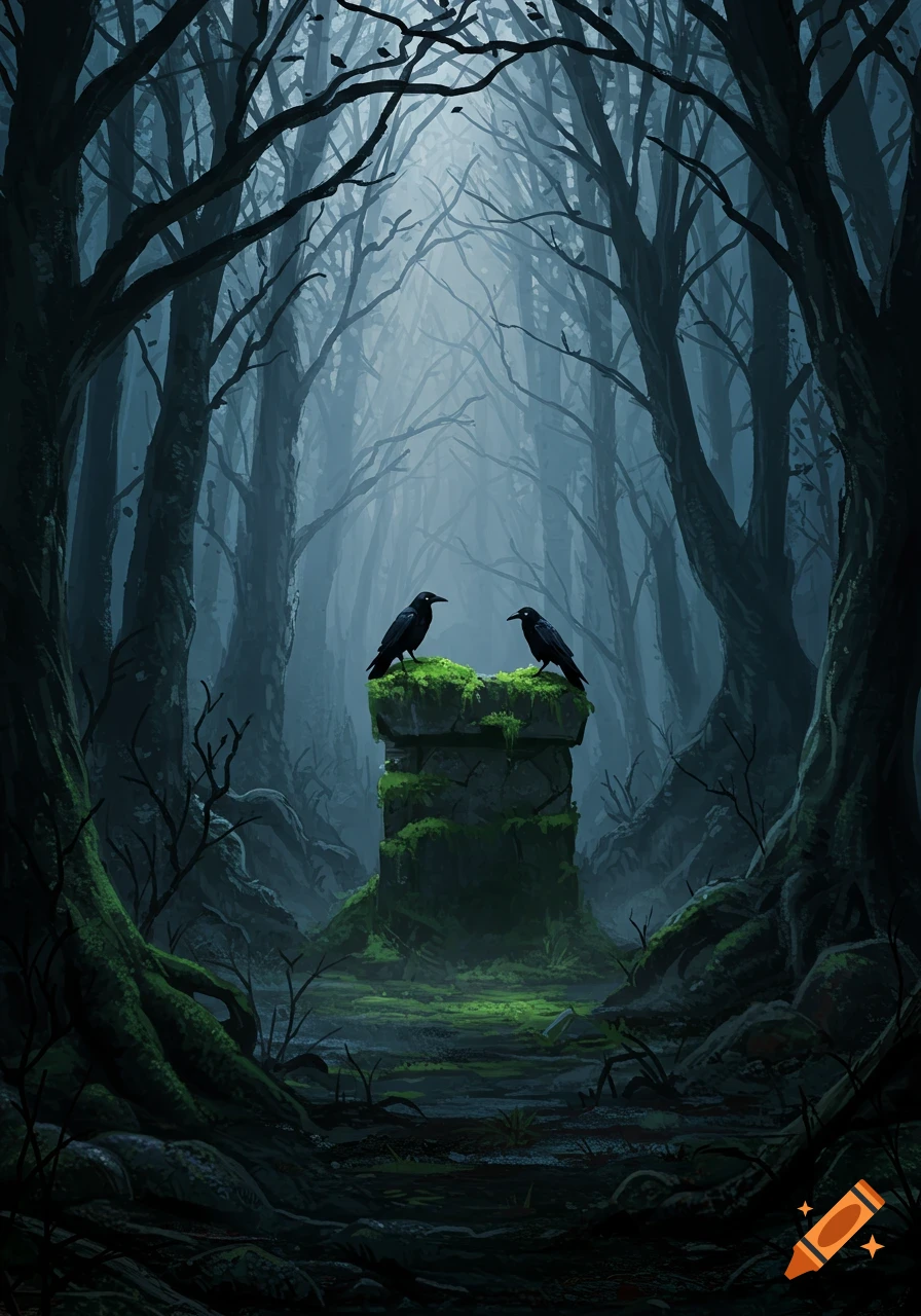 Two black crows perch on a moss-covered stone monument in a dark, misty fantasy forest with tall, bare trees.