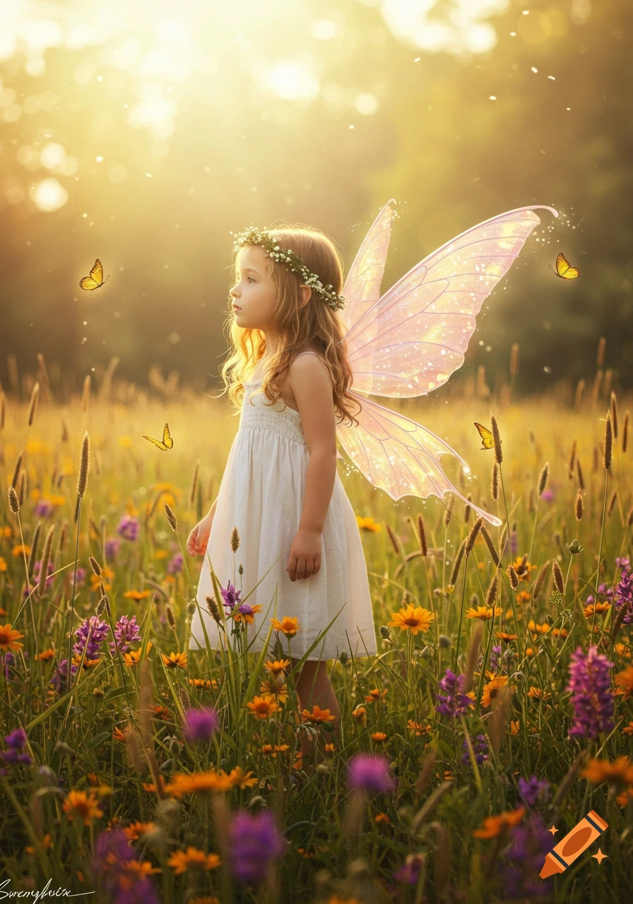 A magical, photorealistic image of a young girl with fairy wings and a flower crown in a sunny meadow with butterflies.