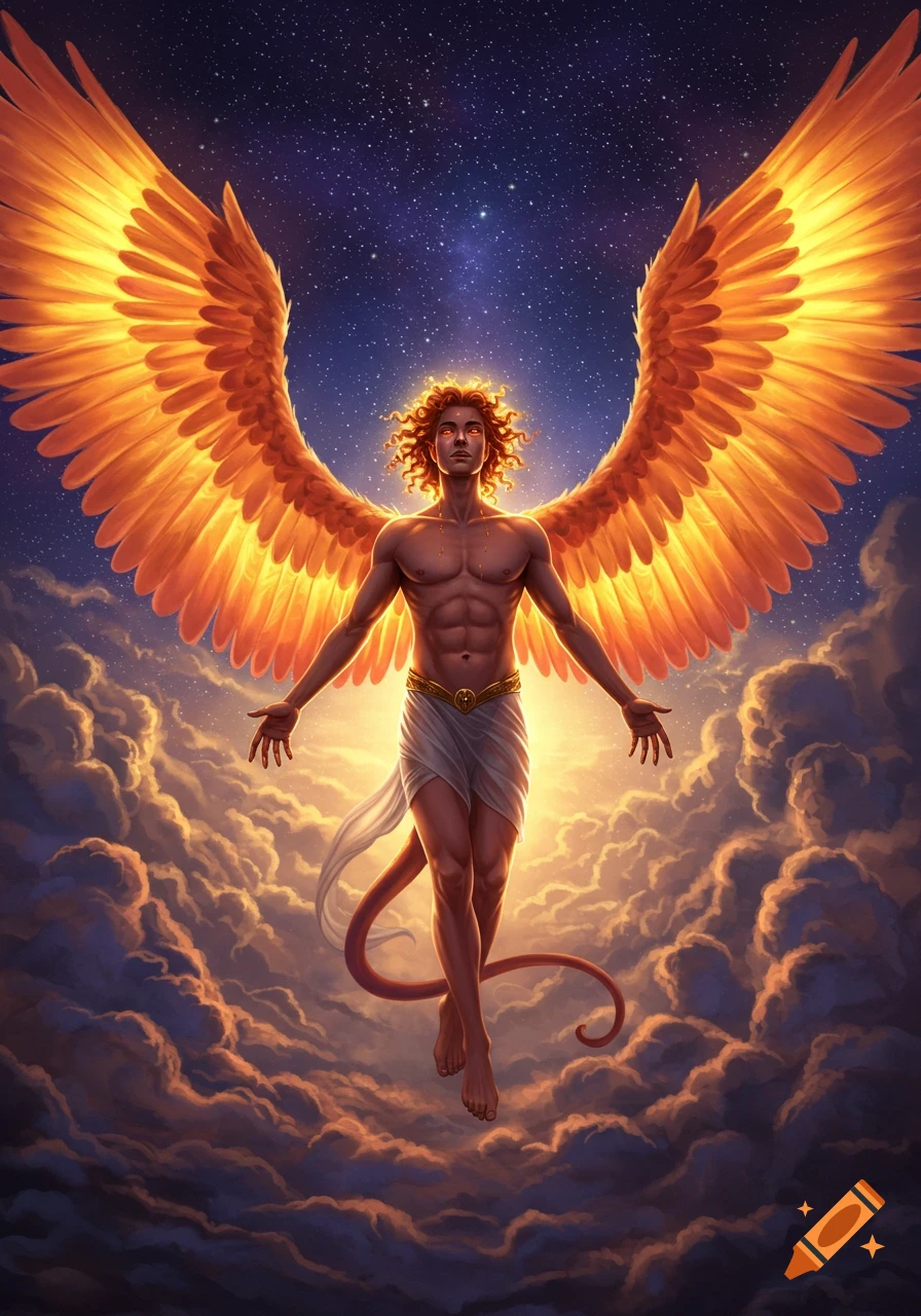 A muscular, winged figure with a tail and curly hair floats above clouds against a starry night sky, digital art.