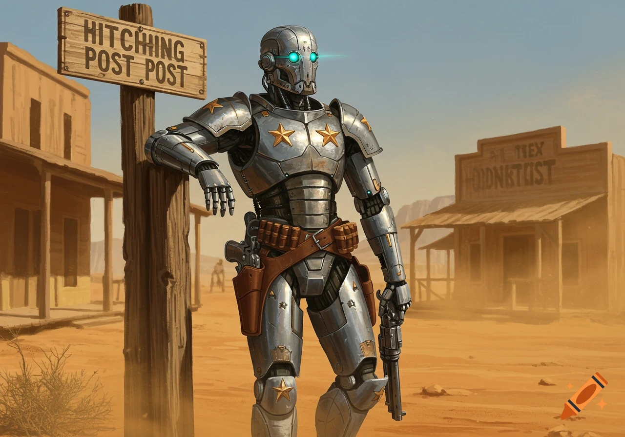 A robot gunslinger in metal armor with glowing eyes leans against a hitching post in a dusty wild west town, digital art.