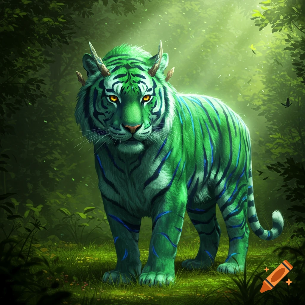 A majestic emerald green tiger with blue stripes and small horns stands in a mystical forest, illuminated by light.