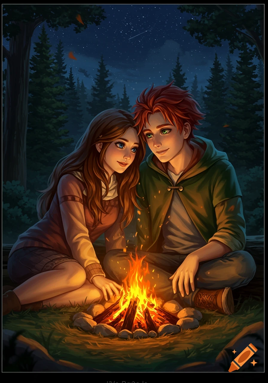 An illustrative image of a brown-haired girl and a red-haired boy sitting close by a glowing campfire in a dark forest at night, under a starry sky.
