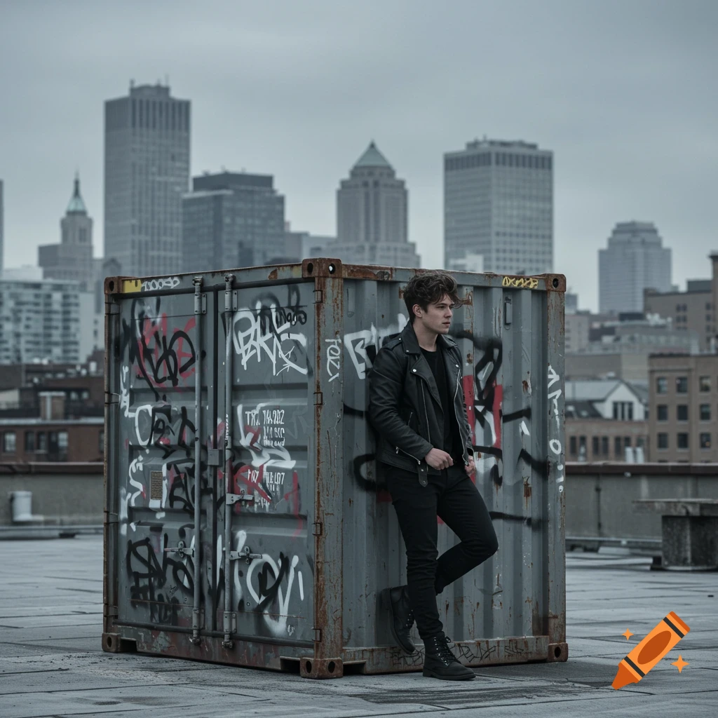 A young man in a black leather jacket and pants leans against a graffiti-covered shipping container on a city rooftop.