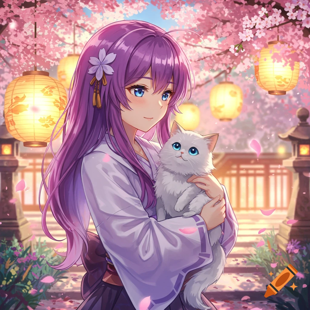 Anime girl with purple hair holding a fluffy white cat, surrounded by pink cherry blossoms and glowing lanterns.