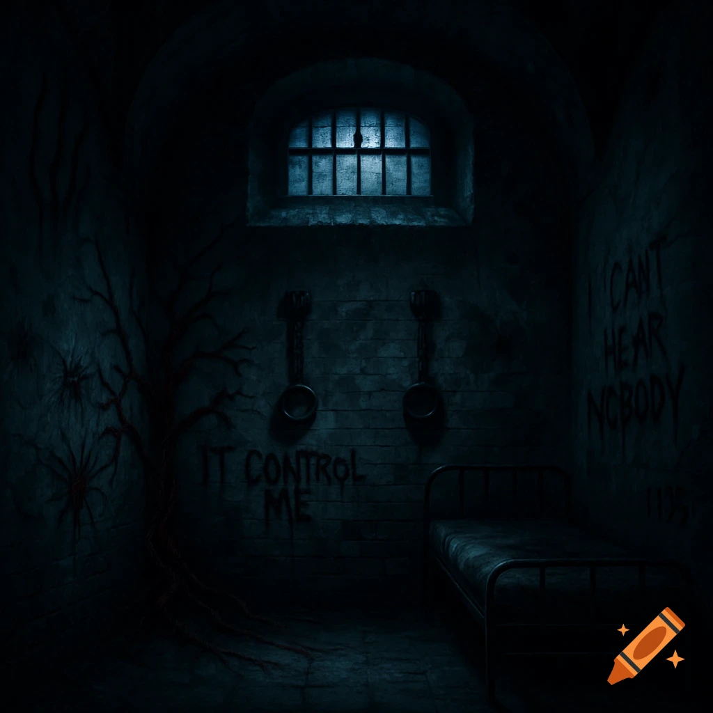 Dark, eerie abandoned asylum cell with a barred window, chains, dirty bed, bloody roots, spiders, and graffiti on walls in gothic horror style.