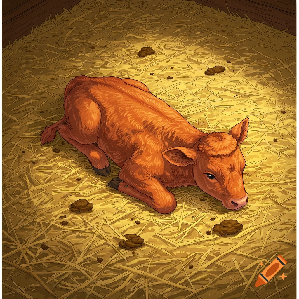 A cartoon red calf lies in a dirty hay-filled barn with excrement on the ground.