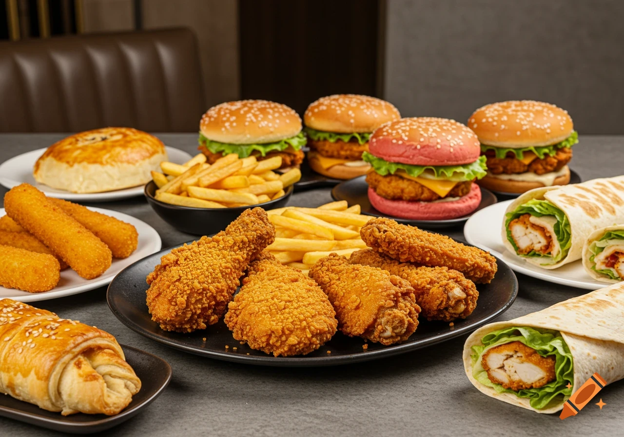 A spread of fast food items: crispy fried chicken, burgers (including a pink bun), French fries, wraps, and pastries on a dark table.
