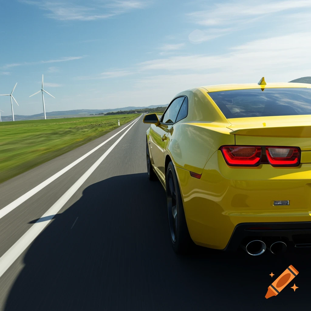 A bright yellow Chevrolet Camaro drives down a highway with green fields and wind turbines in the background under a blue sky.