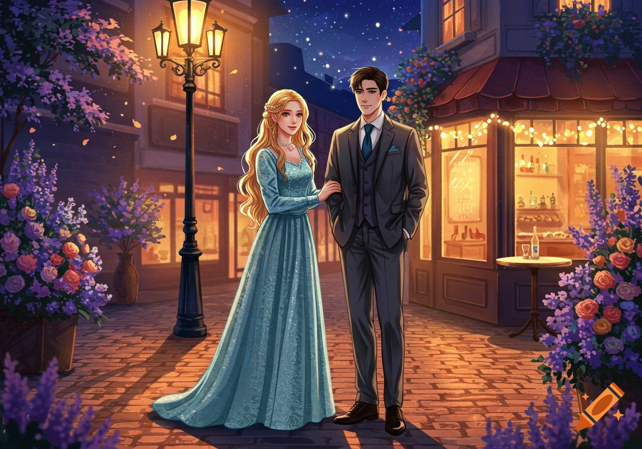An illustrated couple, a man and woman in elegant attire, stroll arm-in-arm on a cobblestone street at night with glowing lampposts and shops.