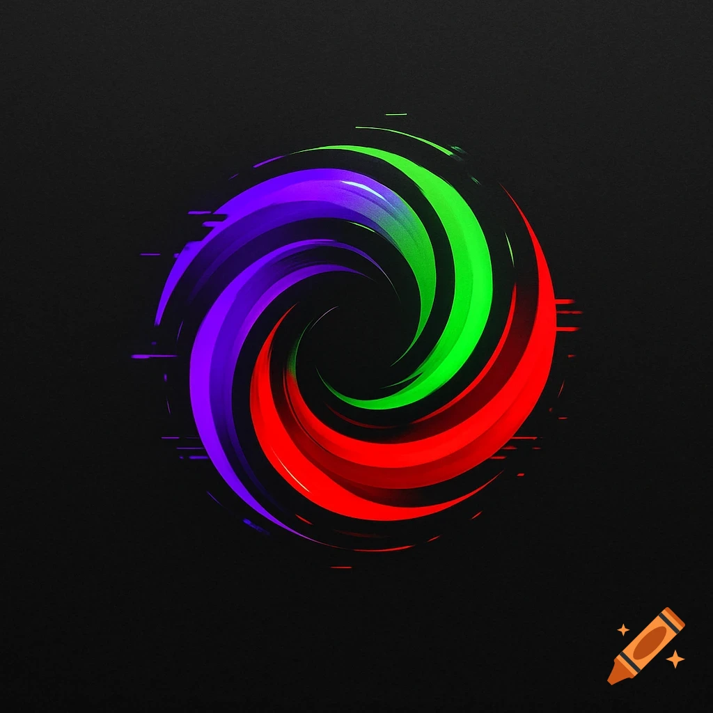 A vibrant, abstract logo features a central vortex of purple, neon green, and red colors swirling on a dark background, with subtle digital glitch effects.