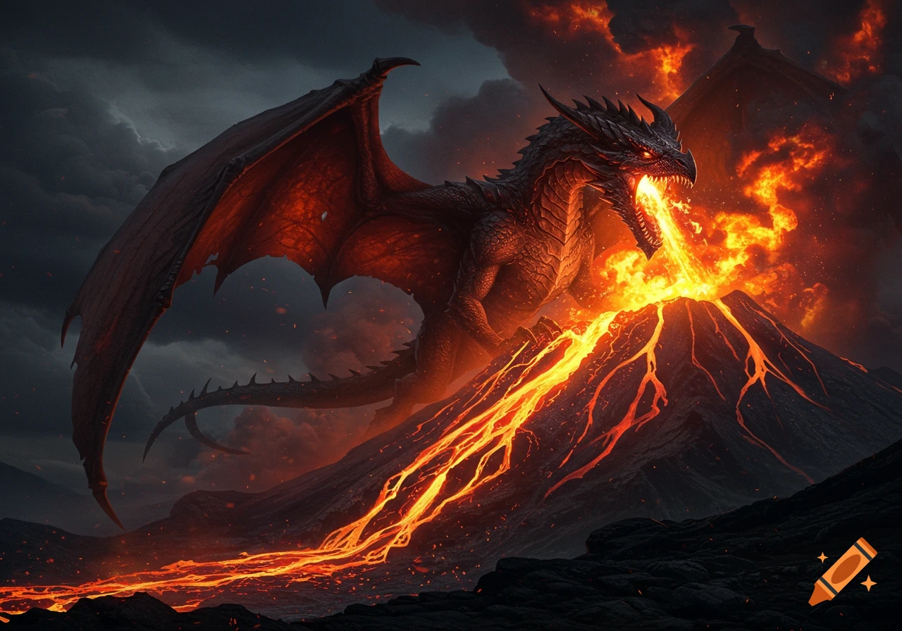 A dark dragon with massive wings breathes fire onto an erupting volcano, surrounded by flowing lava and a stormy, fiery sky.