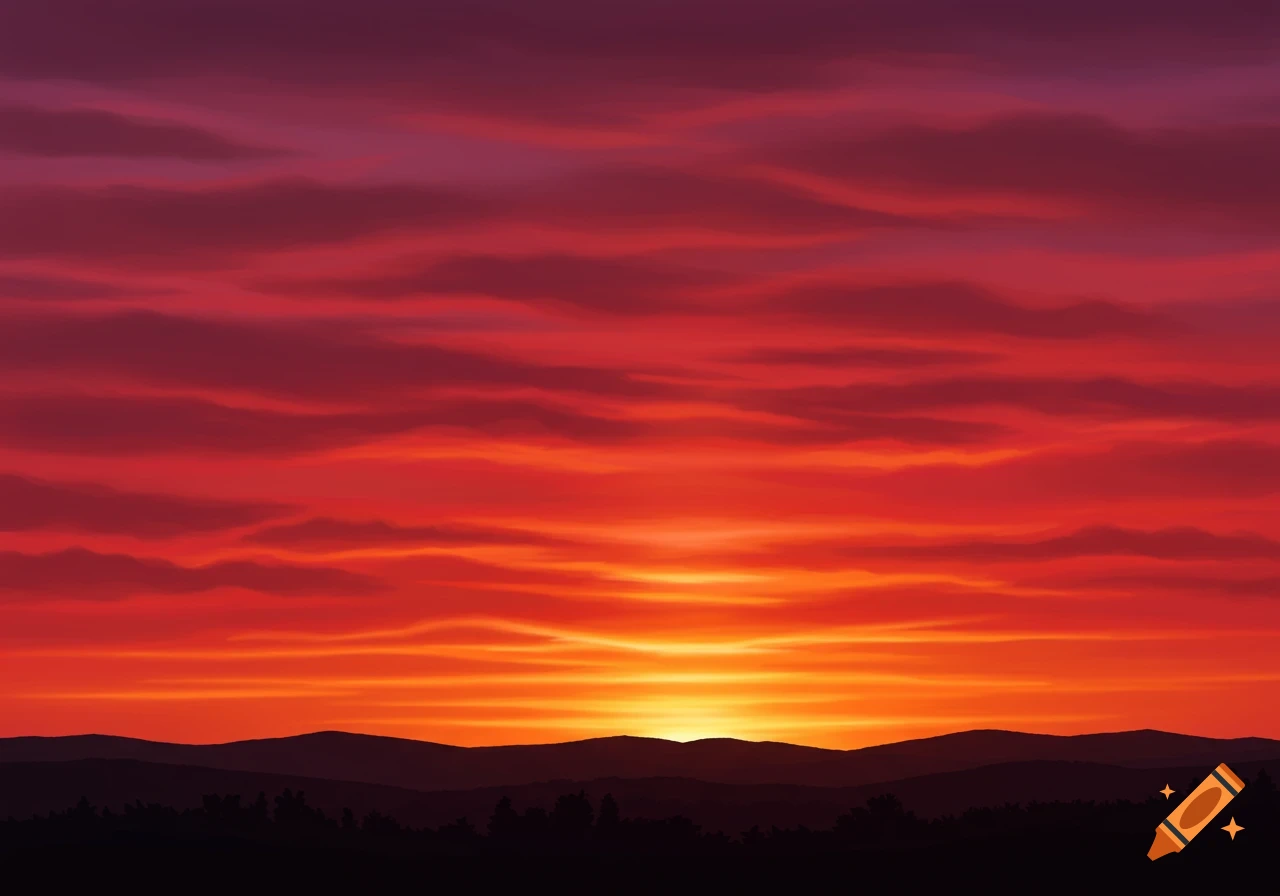 Vibrant red and orange sunset over silhouetted mountains and pine trees.