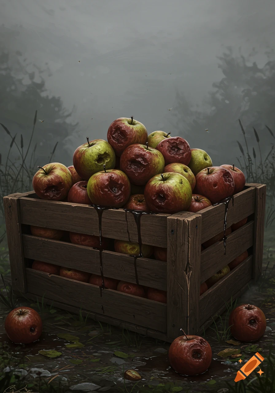 A wooden crate filled with rotten red and green apples, some oozing dark liquid, with flies, in a misty, dark natural setting.