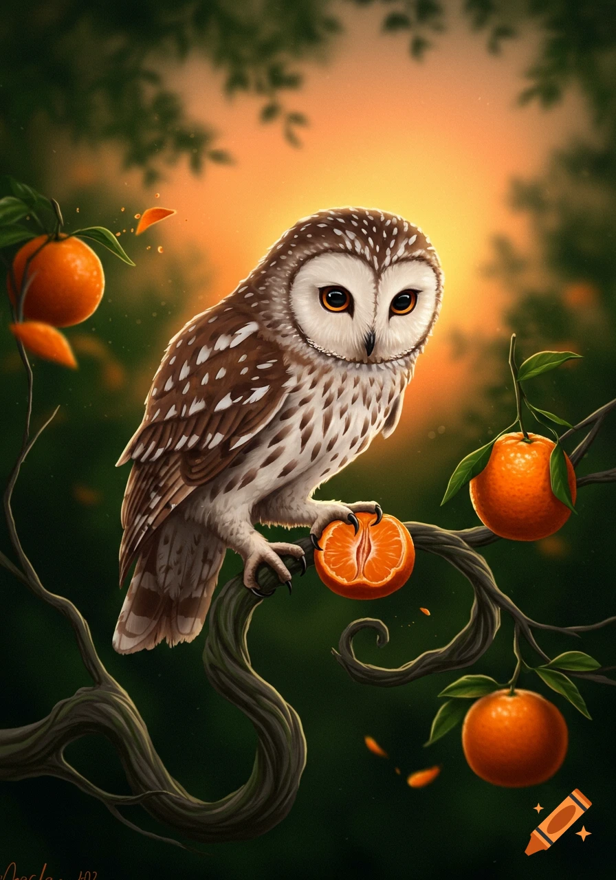 An owl holds a peeled mandarin orange on a tree branch, with other oranges and a warm sunset glow in the background.