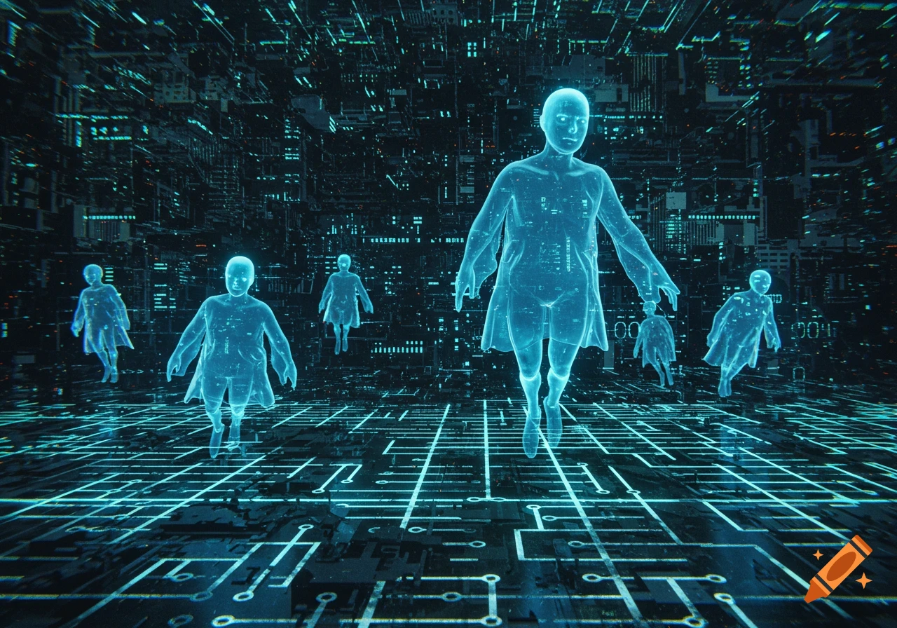 Glowing blue translucent figures float in a dark virtual reality landscape with circuit board patterns.