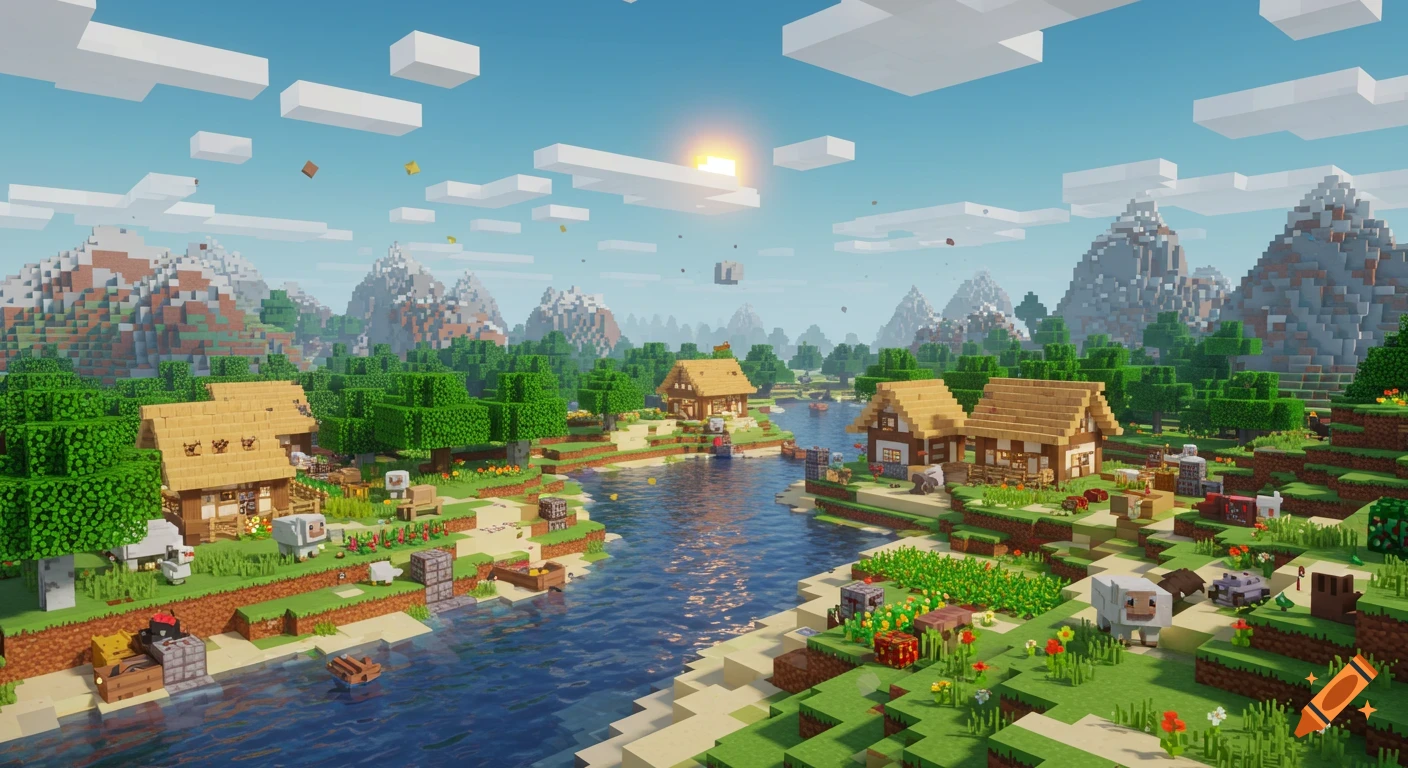 A vibrant Minecraft village with houses by a river, surrounded by trees and mountains under a sunny sky.
