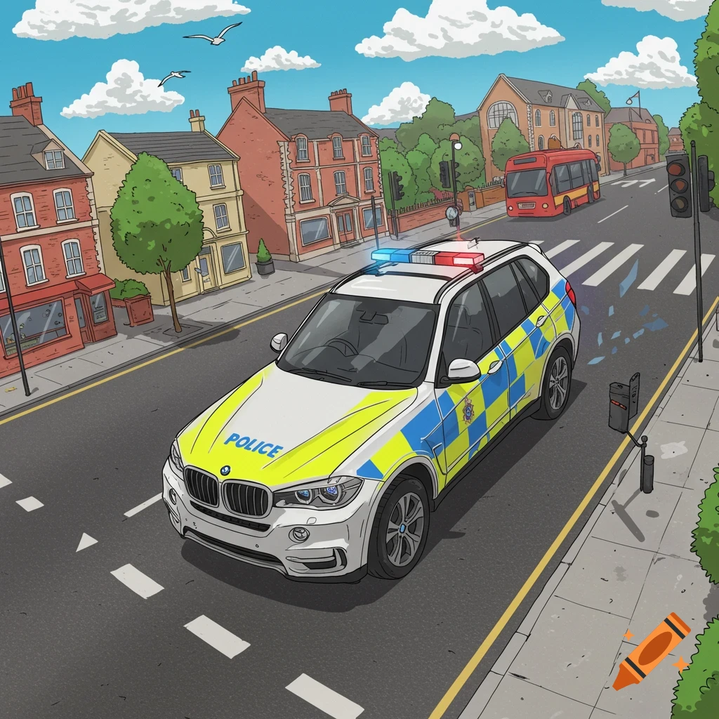 A cartoon UK police BMW X5 car with lights on, driving on a city street with buildings and a bus in the background.