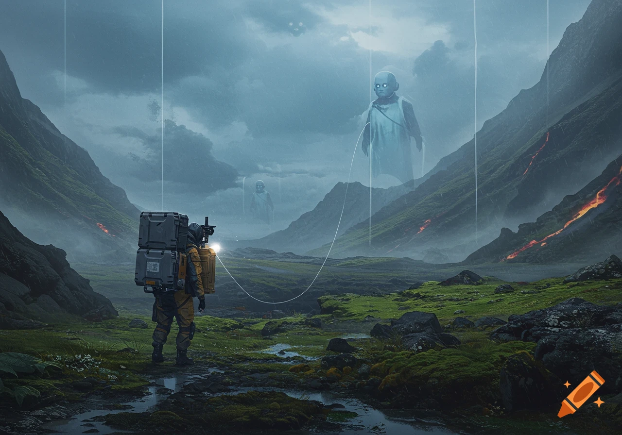 A futuristic porter stands in a rugged, misty valley with glowing lava flows and large, ghostly figures in the distance.