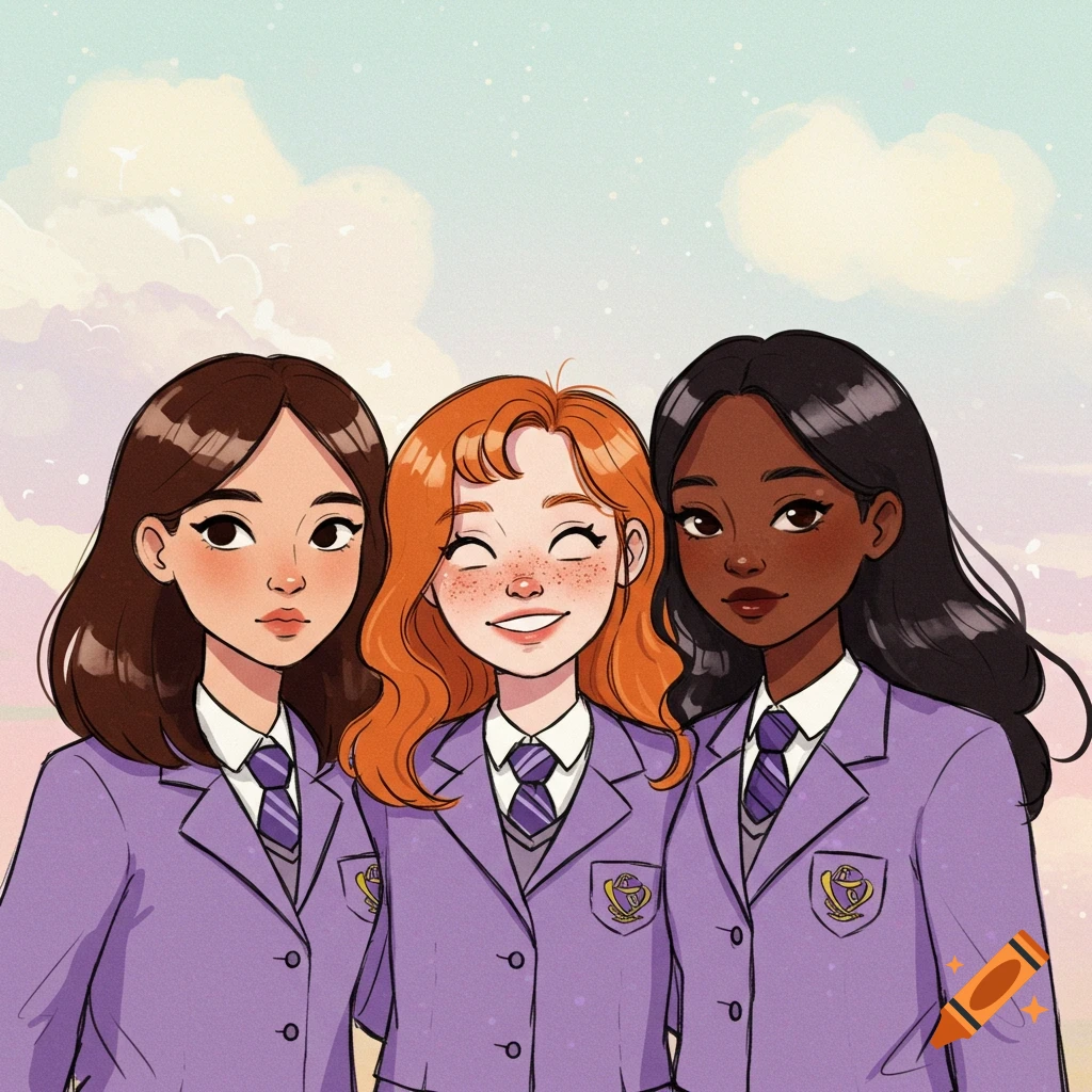 Three diverse cartoon girls in purple school uniforms, smiling with a pastel sky background.
