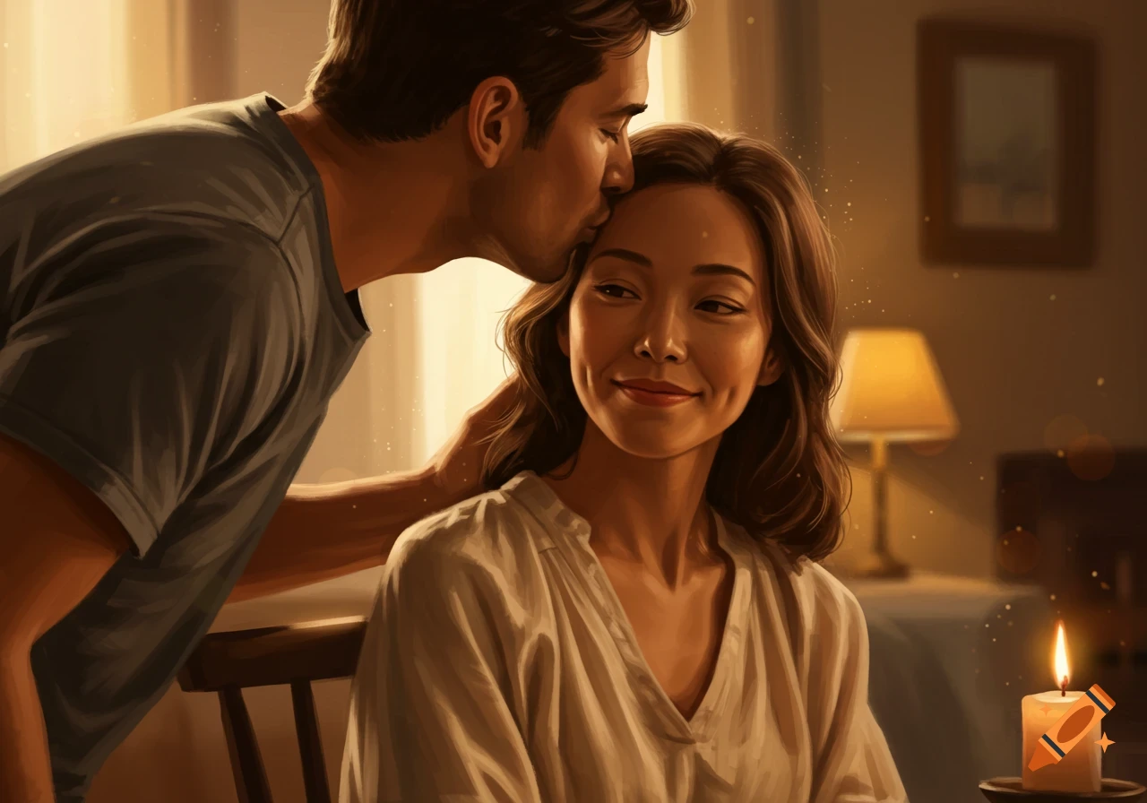 Painterly portrait of a man tenderly kissing a woman's forehead, bathed in warm, soft light.