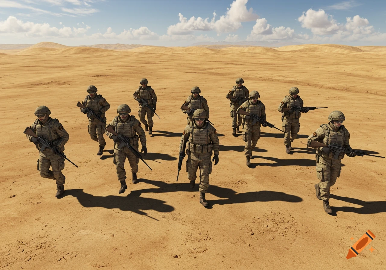A photorealistic troop of soldiers in desert camouflage marching across a sandy desert.