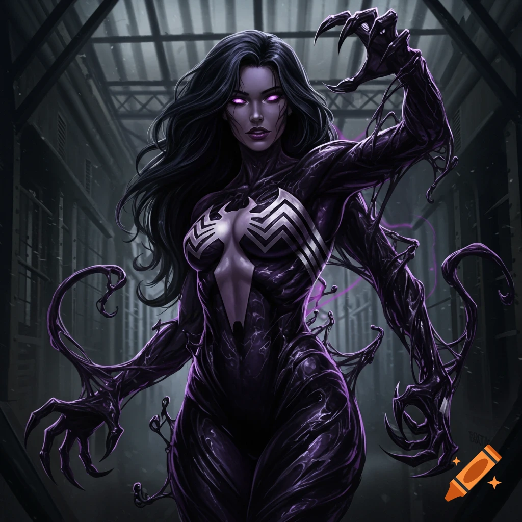 A powerful woman in a dark purple Venom symbiote suit with sharp claws and glowing purple eyes, in a comic book art style.