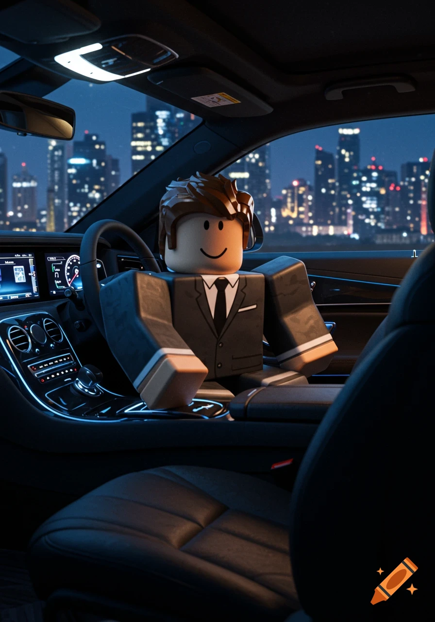A blocky Roblox character with brown hair and a black suit sits in the driver's seat of a luxurious car, looking forward. A bright city skyline is visible through the windshield at night. The car's interior glows with blue accent lights.