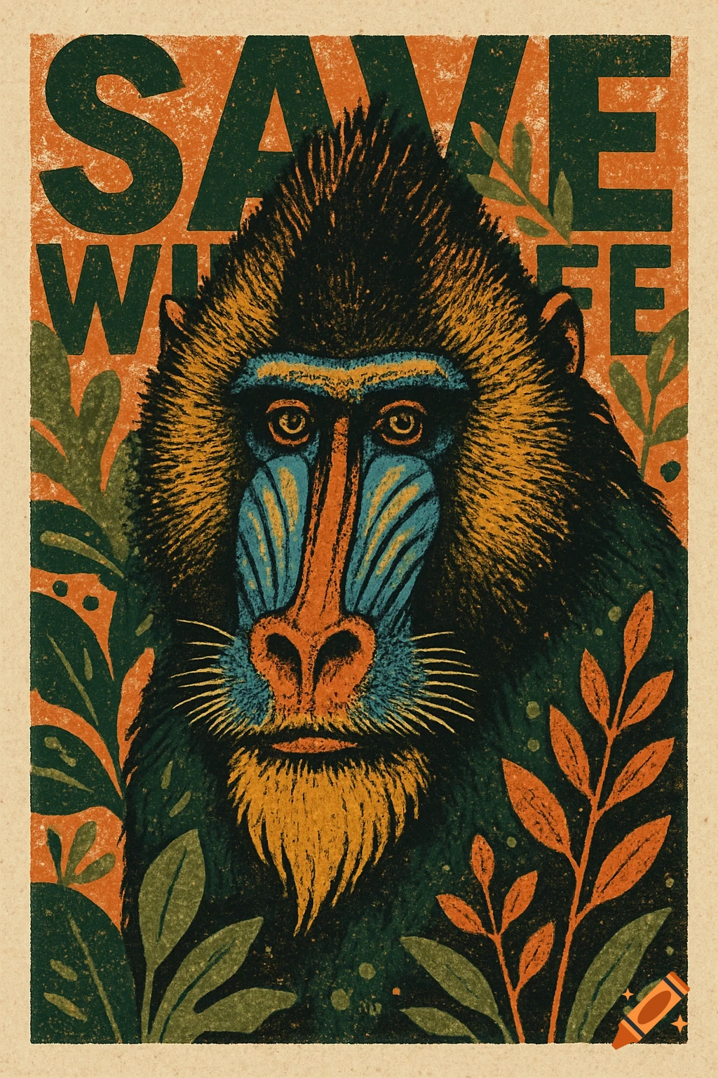 A risograph style poster of a colorful mandrill amidst jungle foliage with the text 'SAVE WILD LIFE' at the top.