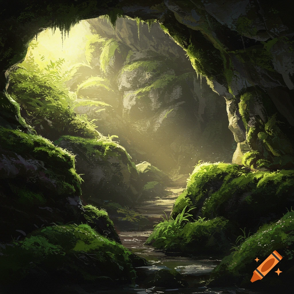 Sunlight streams into a lush, moss-covered cave with a small stream and path, in an oil painting style.