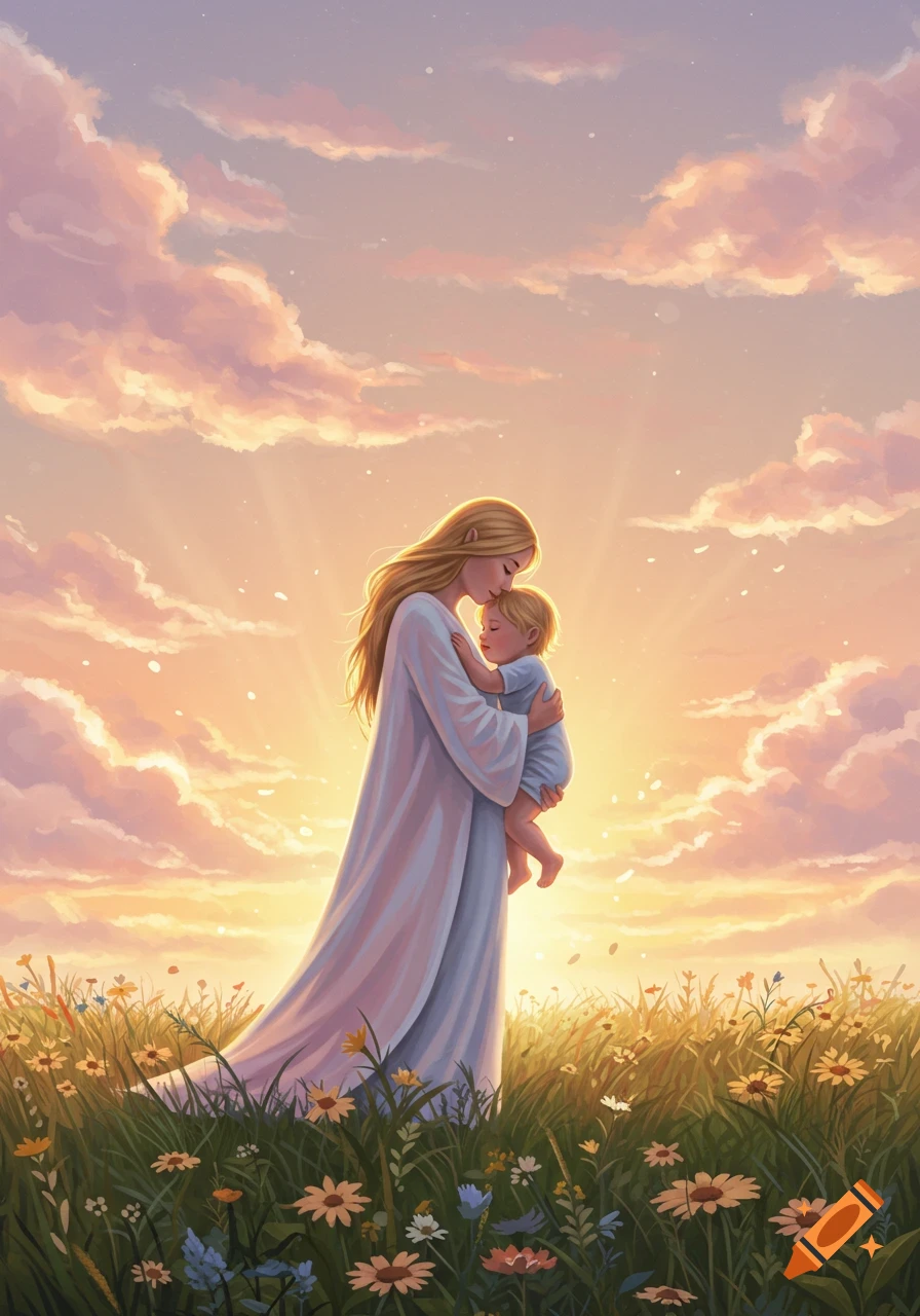 An illustrated mother holding her baby in a sunlit field with wildflowers at sunset.