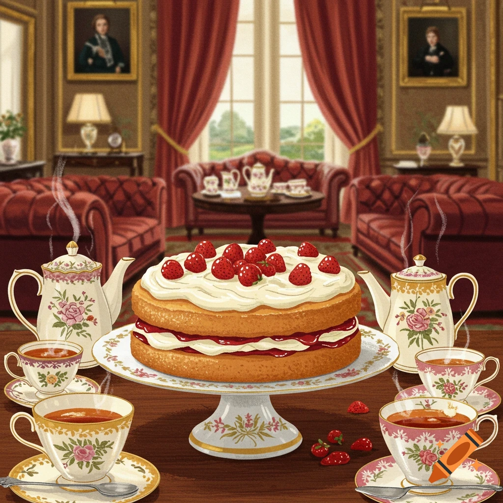 An illustrated strawberry cream cake and floral teacups on a table in a fancy room.